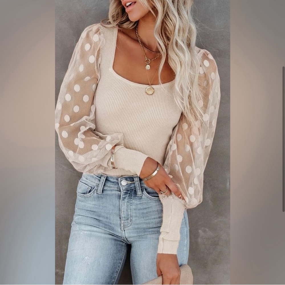 Womens Tops Square Neck Polka Dot Balloon Long Sleeve - Medium